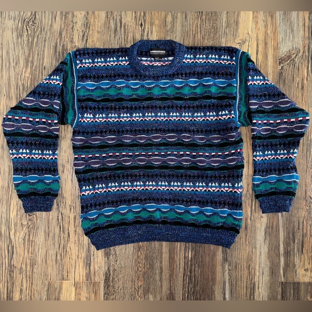 Expressions International Coogi Style Knit Sweater Mens M Blue Multi 3D Textured